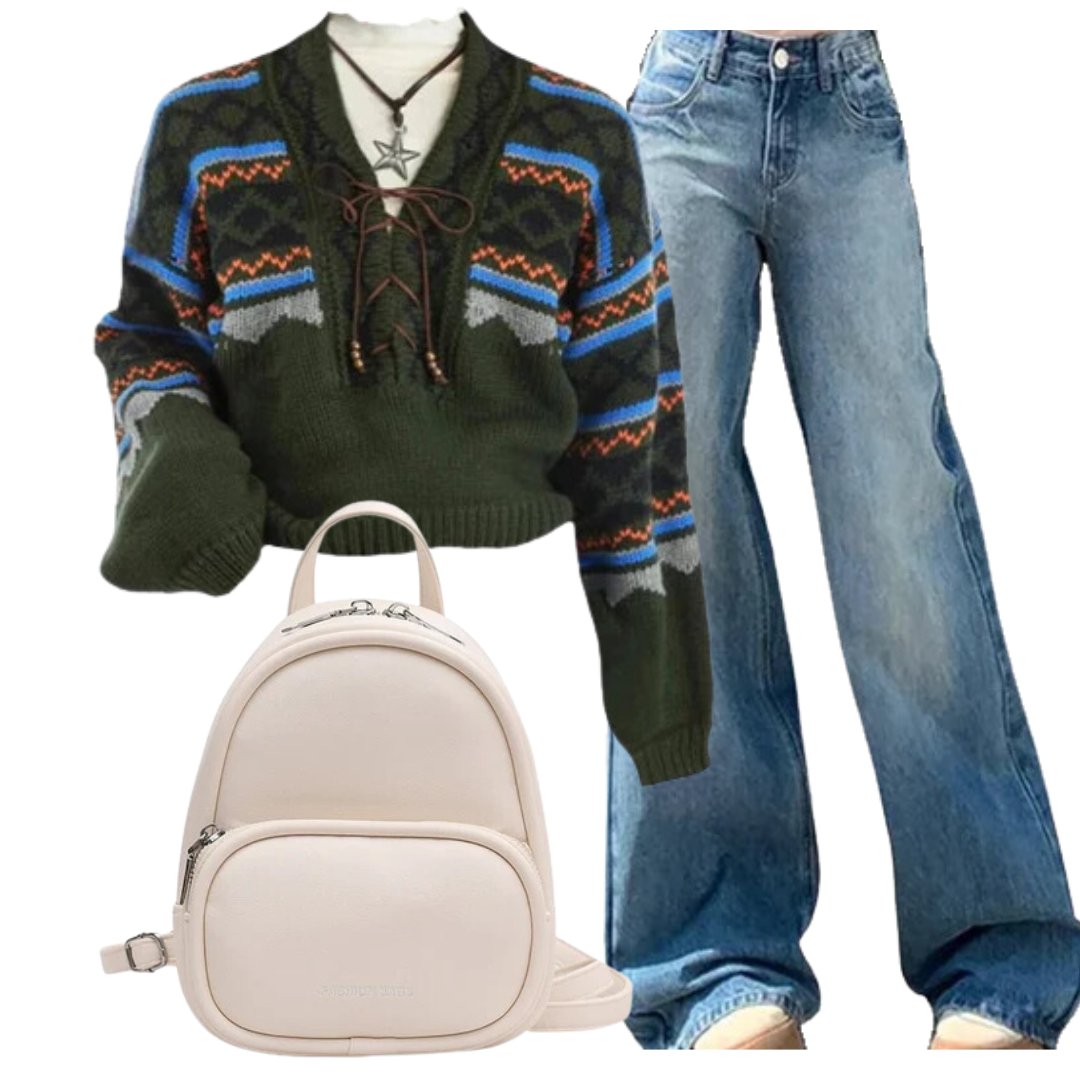 Outfit:Forest Fair Isle Lace - Up Sweater+Light Wash Wide - Leg Denim+Candy Color Small Backpack - Outfit