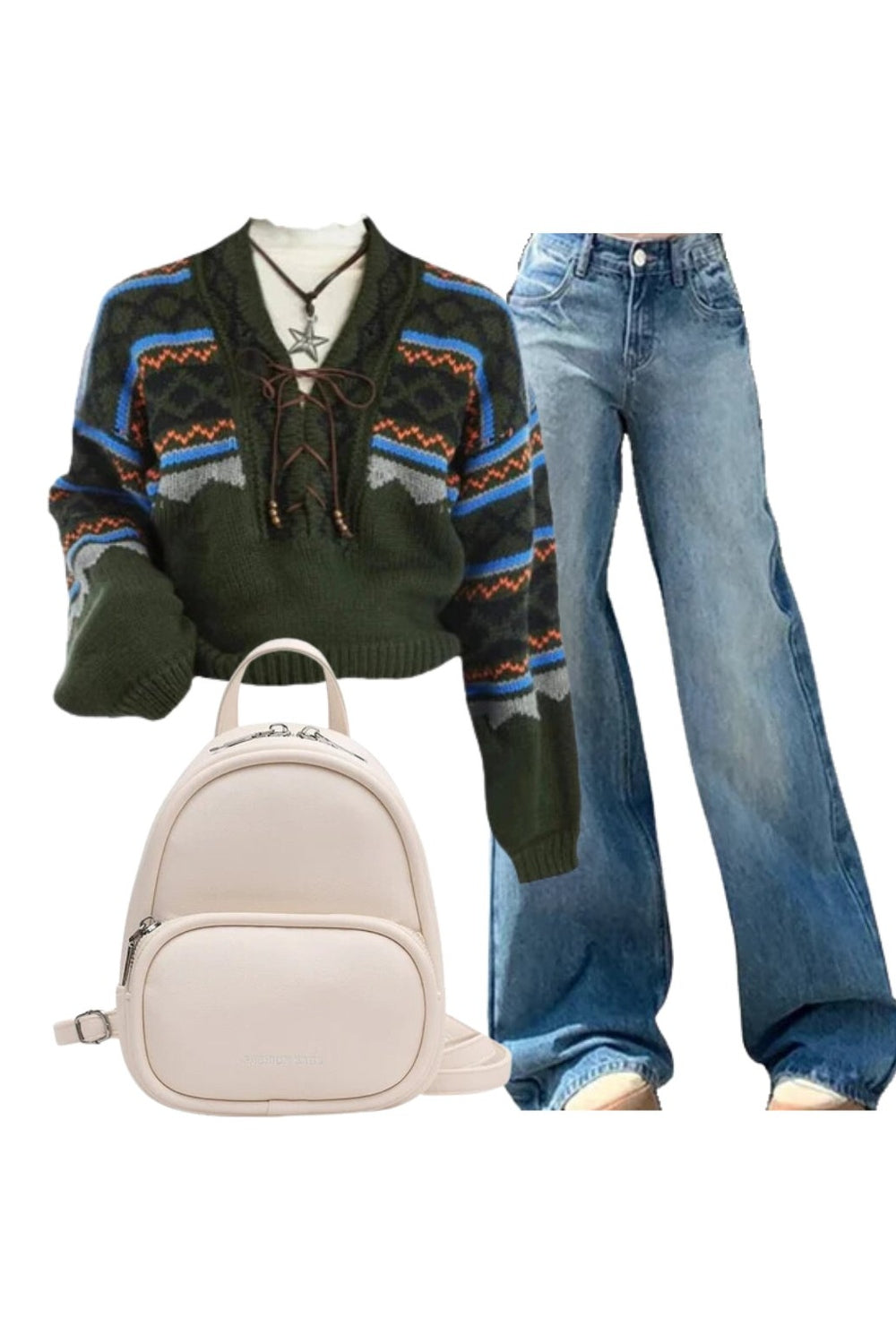 90s Outfit: Forest Fair Isle Lace-Up Sweater+Light Wash Wide-Leg Denim+Candy Color Small Backpack Default Title Shoptery