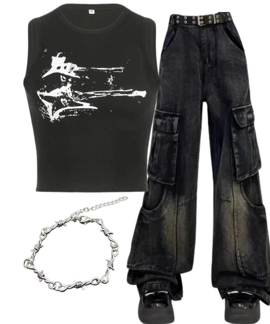 Outfit:Gothic Cargo Flare Jeans+Distressed Graphic Ribbed Top+Twisted Elegance Bracelet - Outfit