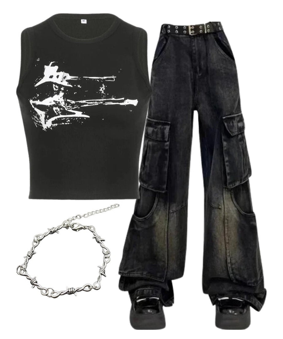 Outfit:Gothic Cargo Flare Jeans+Distressed Graphic Ribbed Top+Twisted Elegance Bracelet - Outfit