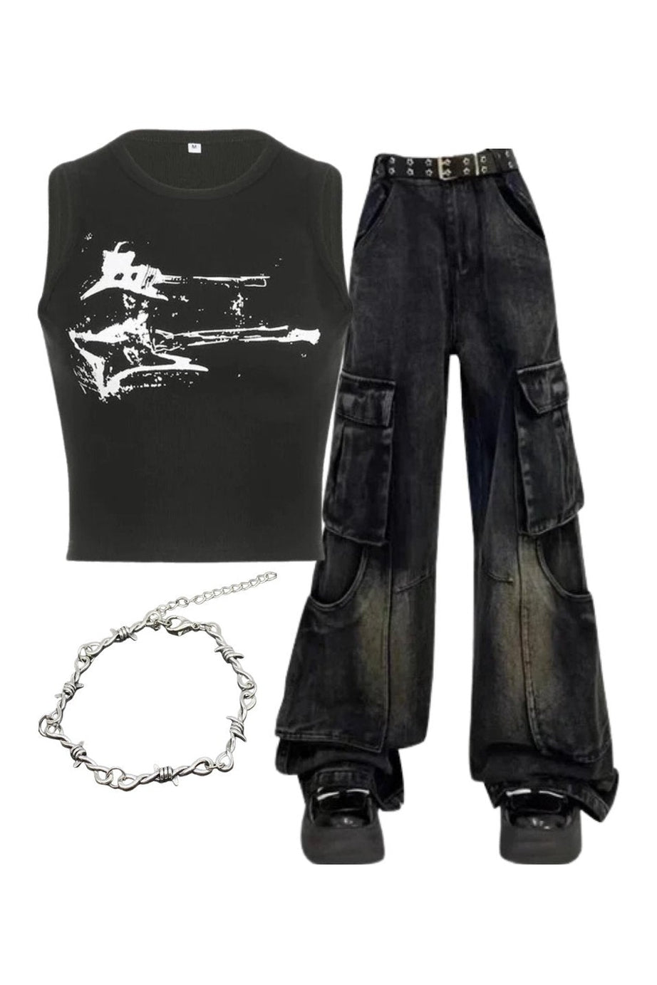 Outfit:Gothic Cargo Flare Jeans+Distressed Graphic Ribbed Top+Twisted Elegance Bracelet - Outfit