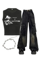 Y2k Outfit: Gothic Cargo Flare Jeans+Distressed Graphic Ribbed Top+Twisted Elegance Bracelet Default Title Shoptery