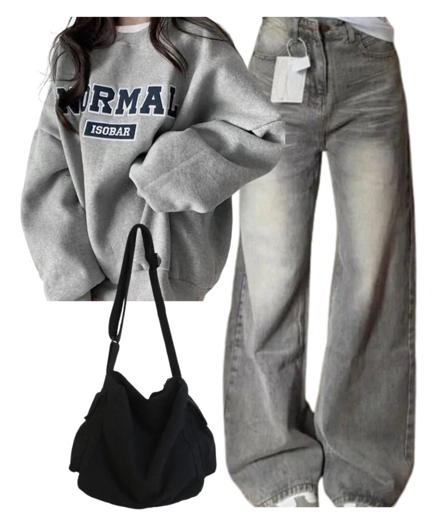 Outfit:Korean Baggy Denim Pants+Oversized Normal Graphic Sweatshirt+Large Capacity Solid Black Shoulder Bag - Outfit