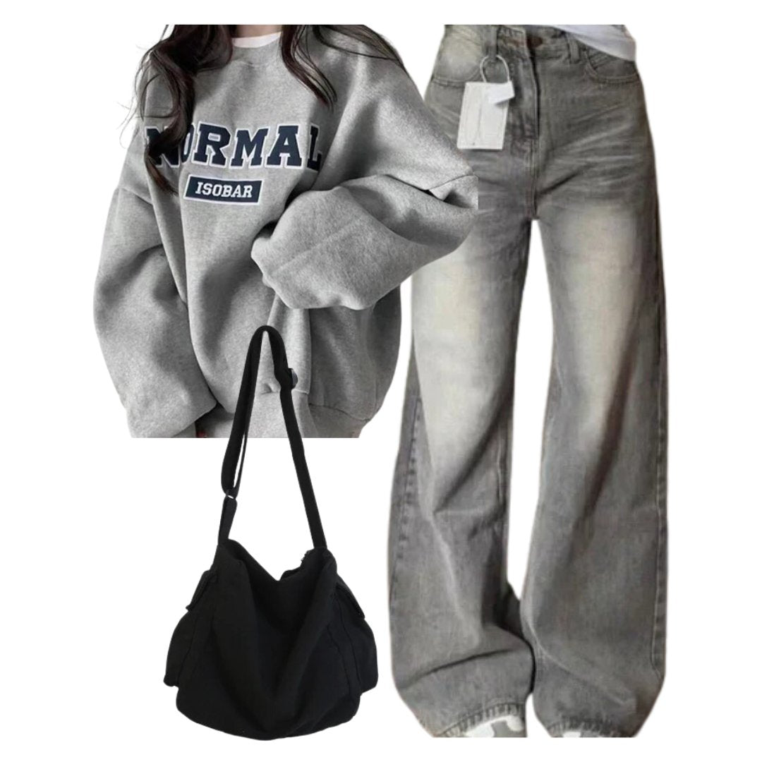 Outfit:Korean Baggy Denim Pants+Oversized Normal Graphic Sweatshirt+Large Capacity Solid Black Shoulder Bag - Outfit