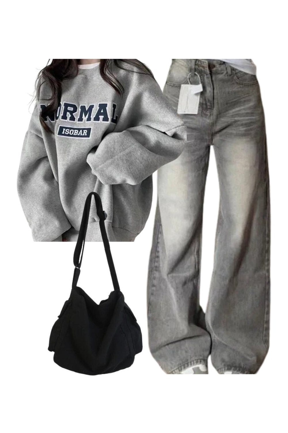 Y2k Outfit: Korean Baggy Denim Pants+Oversized Normal Graphic Sweatshirt+Large Capacity Solid Black Shoulder Bag Default Title Shoptery