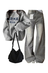 Y2k Outfit: Korean Baggy Denim Pants+Oversized Normal Graphic Sweatshirt+Large Capacity Solid Black Shoulder Bag Default Title Shoptery