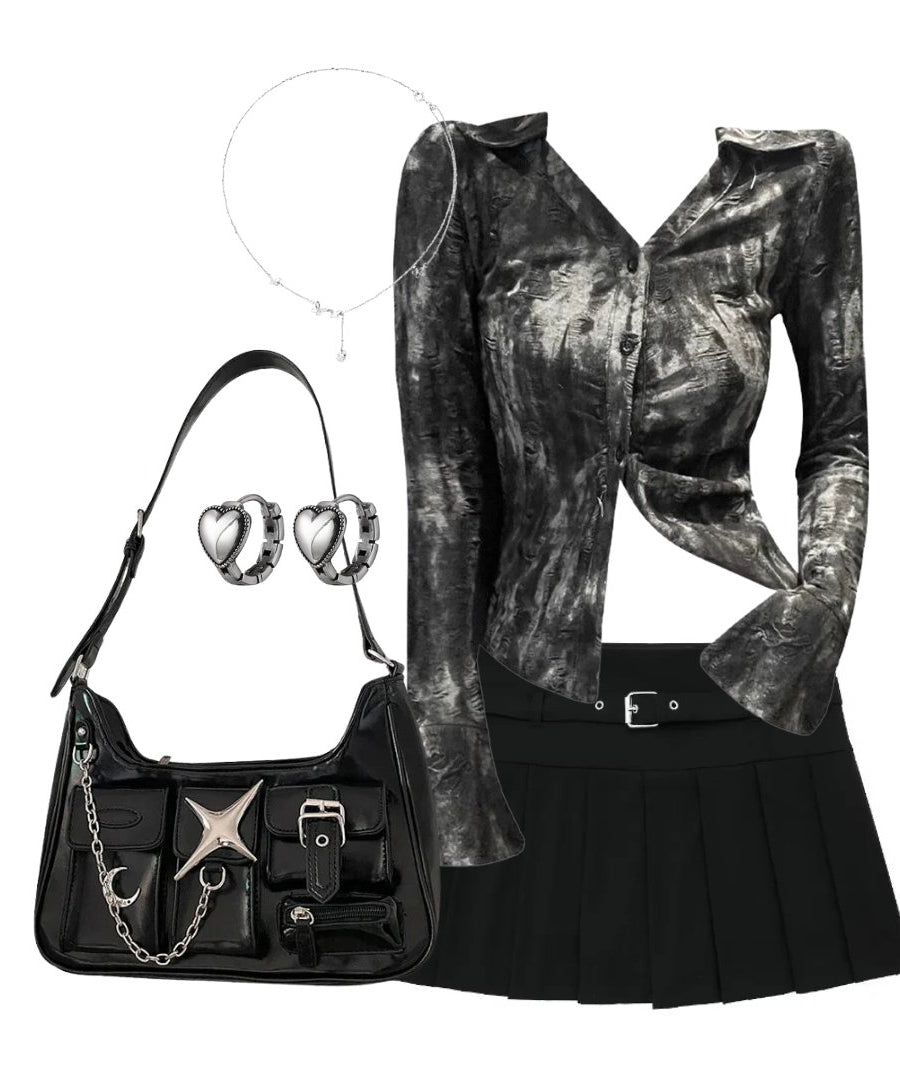 Outfit:Metallic Asymmetrical Button - Up Blouse+Autumn Chic Short Zipper Skirt+Y2k Black Chain Handbag+Accessories - Outfit