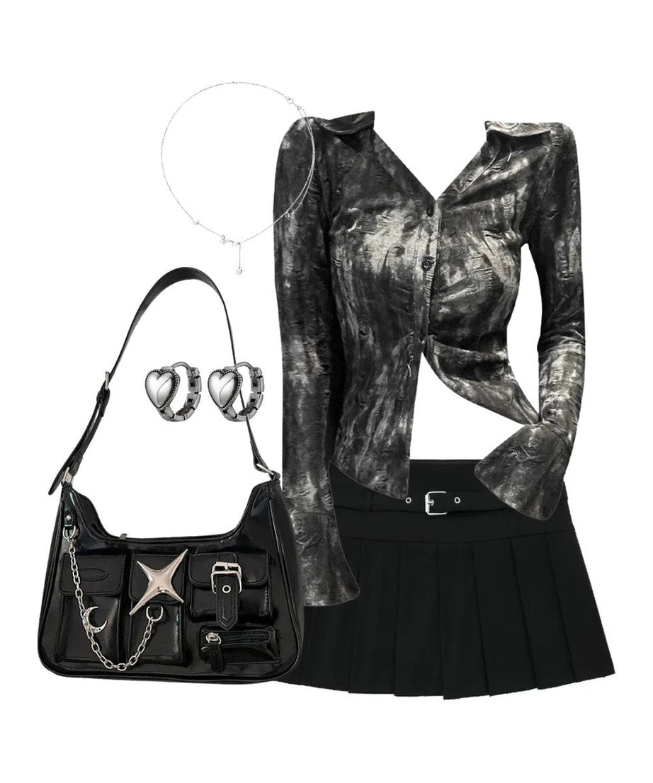 Outfit:Metallic Asymmetrical Button - Up Blouse+Autumn Chic Short Zipper Skirt+Y2k Black Chain Handbag+Accessories - Outfit