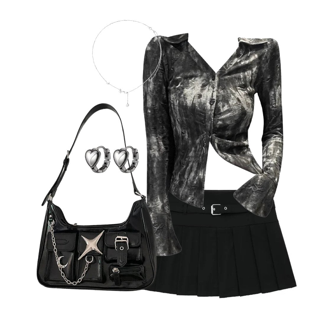 Outfit:Metallic Asymmetrical Button - Up Blouse+Autumn Chic Short Zipper Skirt+Y2k Black Chain Handbag+Accessories - Outfit