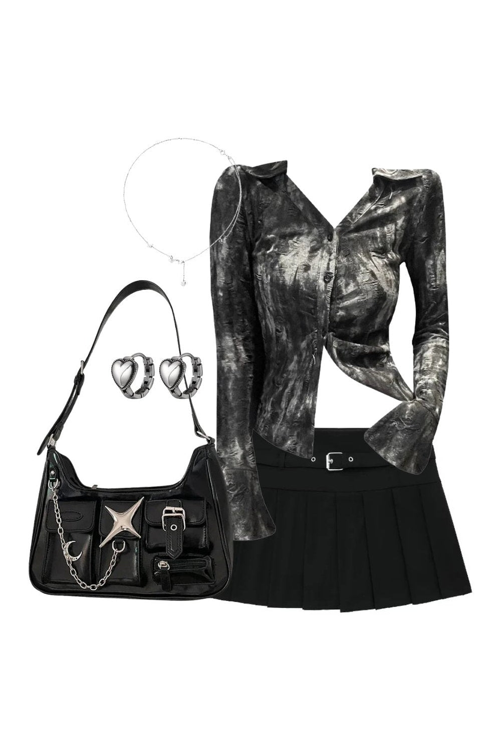Y2k Outfit: Metallic Asymmetrical Button-Up Blouse+Autumn Chic Short Zipper Skirt+Y2k Black Chain Handbag+Accessories Shoptery