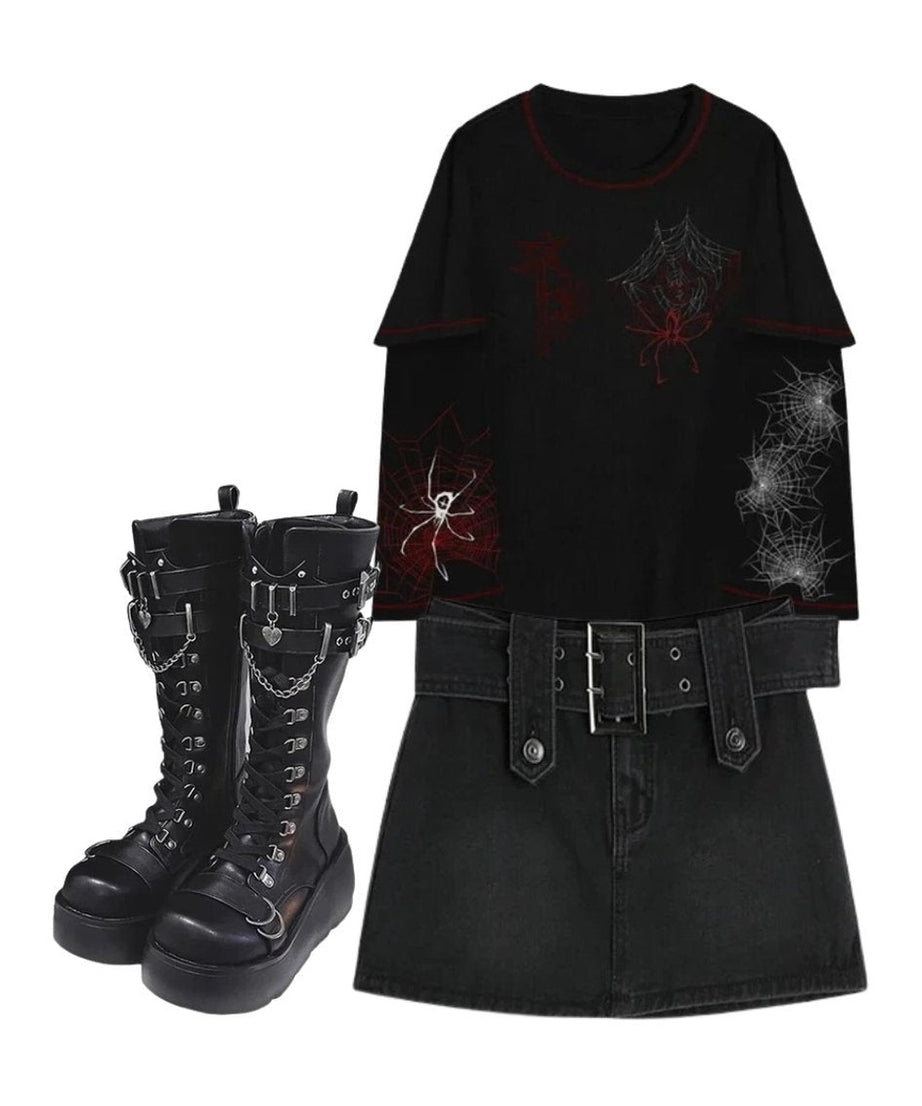 Outfit:Midnight Rebel Belted Mini Skirt+Fall Alt Long Sleeved Hoodie+Gothic Ankle Combat Boots Women's Platform - Outfit