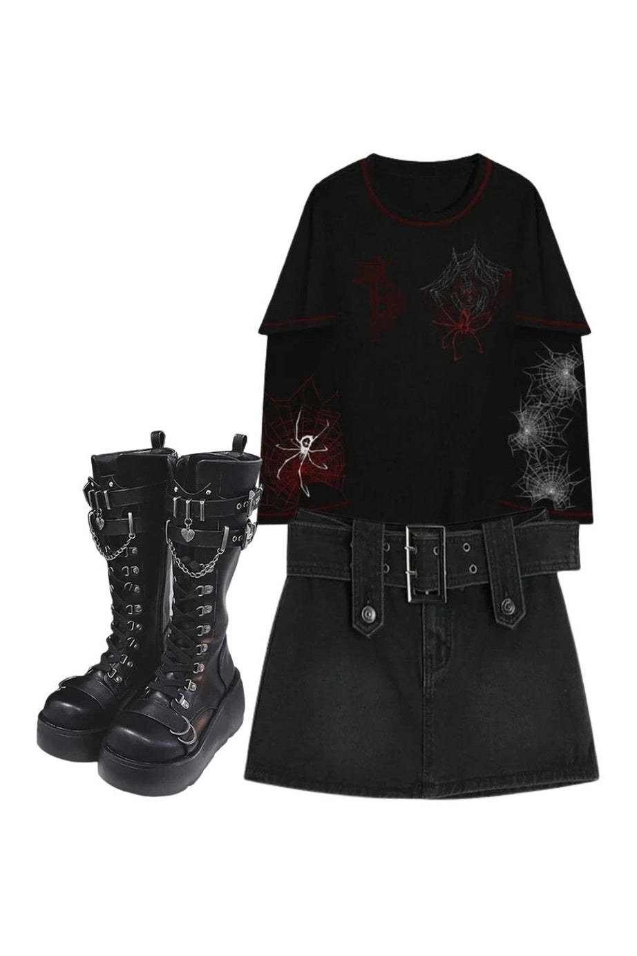 Outfit:Midnight Rebel Belted Mini Skirt+Fall Alt Long Sleeved Hoodie+Gothic Ankle Combat Boots Women's Platform - Outfit