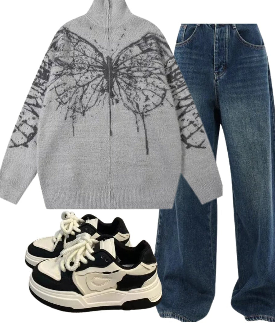 Outfit:Oversized Dark Wash Wide - Leg Jeans+Oversized Butterfly Grunge Sweater+Pastel Dream Wave Sneakers - Outfit