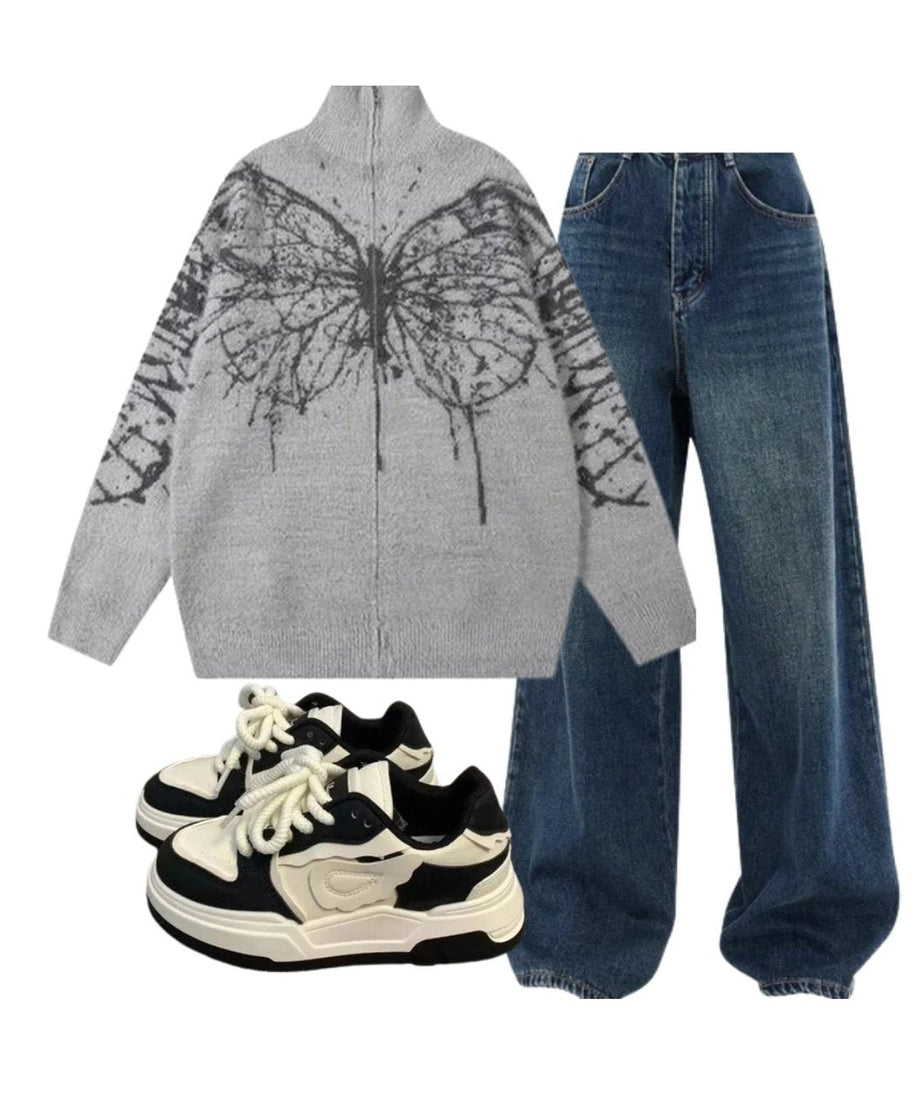 Outfit:Oversized Dark Wash Wide - Leg Jeans+Oversized Butterfly Grunge Sweater+Pastel Dream Wave Sneakers - Outfit