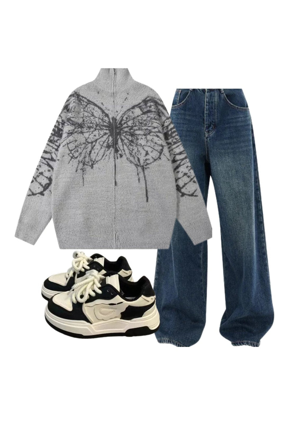 Outfit:Oversized Dark Wash Wide - Leg Jeans+Oversized Butterfly Grunge Sweater+Pastel Dream Wave Sneakers - Outfit