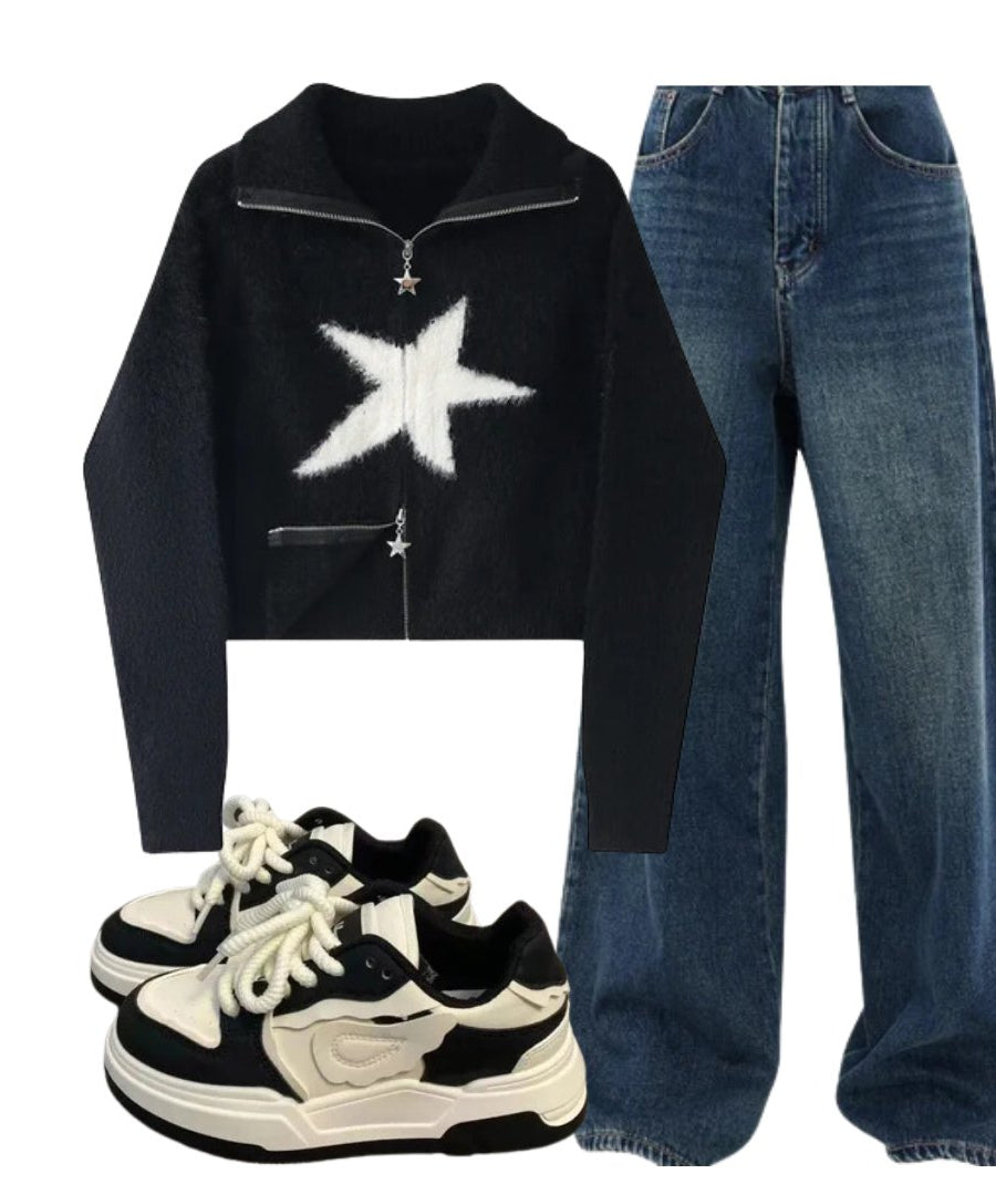 Outfit:Oversized Dark Wash Wide - Leg Jeans+Star Zip - Up Fuzzy Sweater+Pastel Dream Wave Sneakers - Outfit