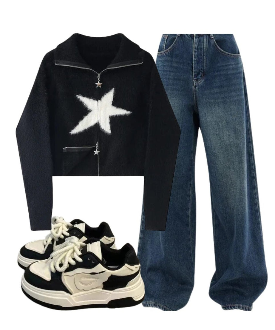 Outfit:Oversized Dark Wash Wide - Leg Jeans+Star Zip - Up Fuzzy Sweater+Pastel Dream Wave Sneakers - Outfit