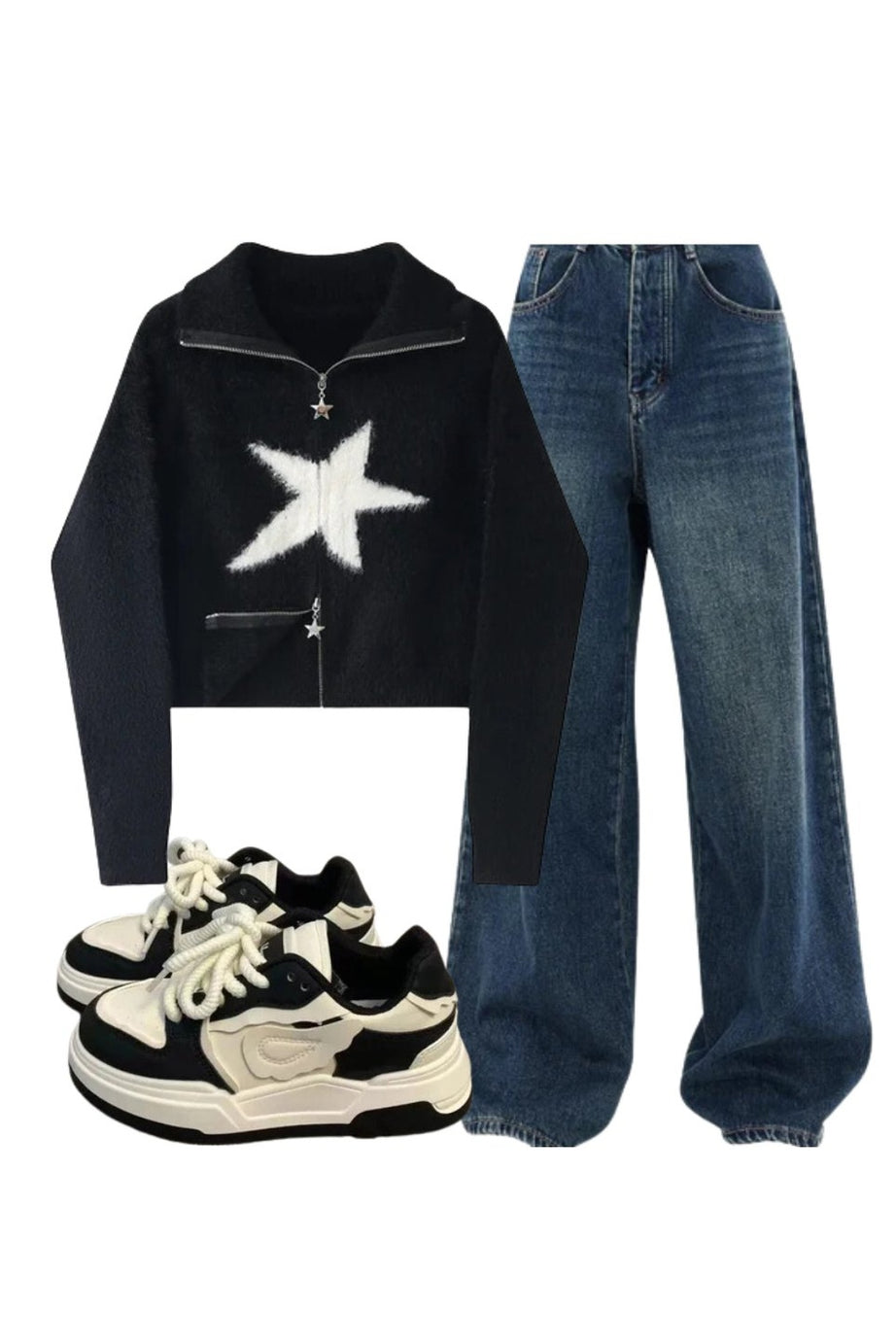 Outfit:Oversized Dark Wash Wide - Leg Jeans+Star Zip - Up Fuzzy Sweater+Pastel Dream Wave Sneakers - Outfit