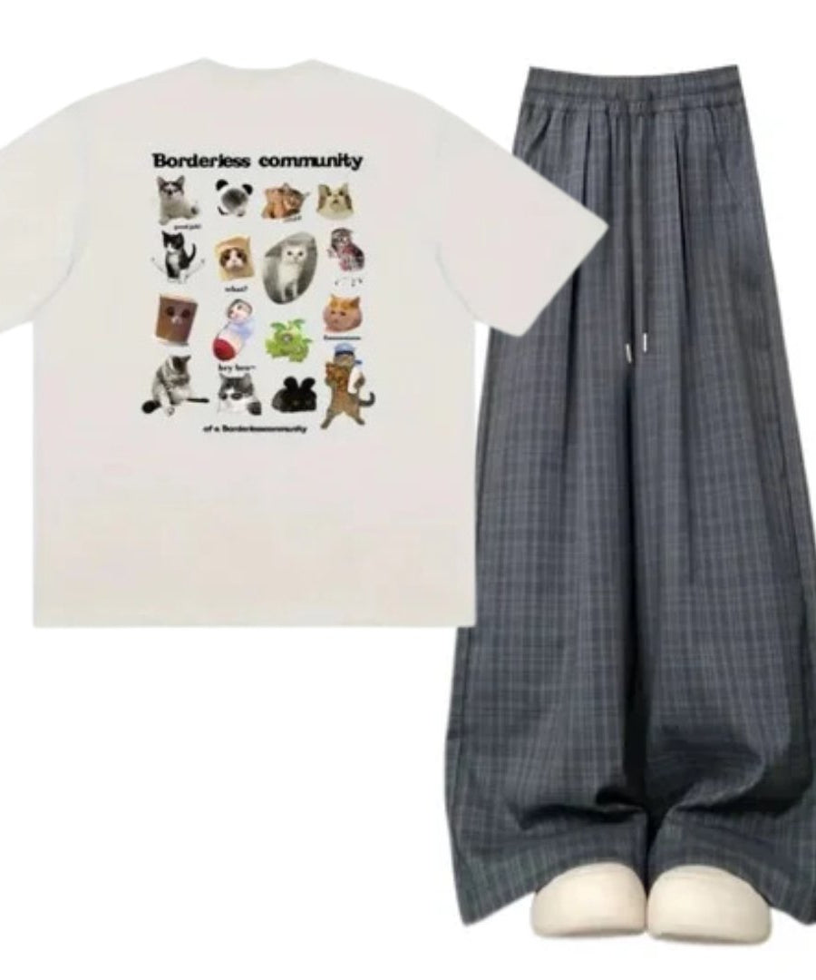 Outfit:Oversized Plaid Slouchy Pants+Playful Pet Print T-Shirt - Outfit