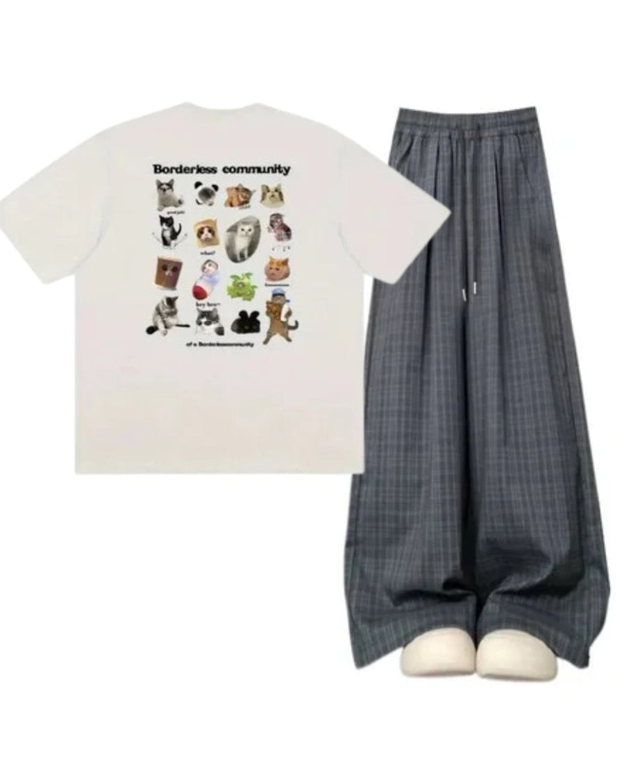 Outfit:Oversized Plaid Slouchy Pants+Playful Pet Print T-Shirt - Outfit