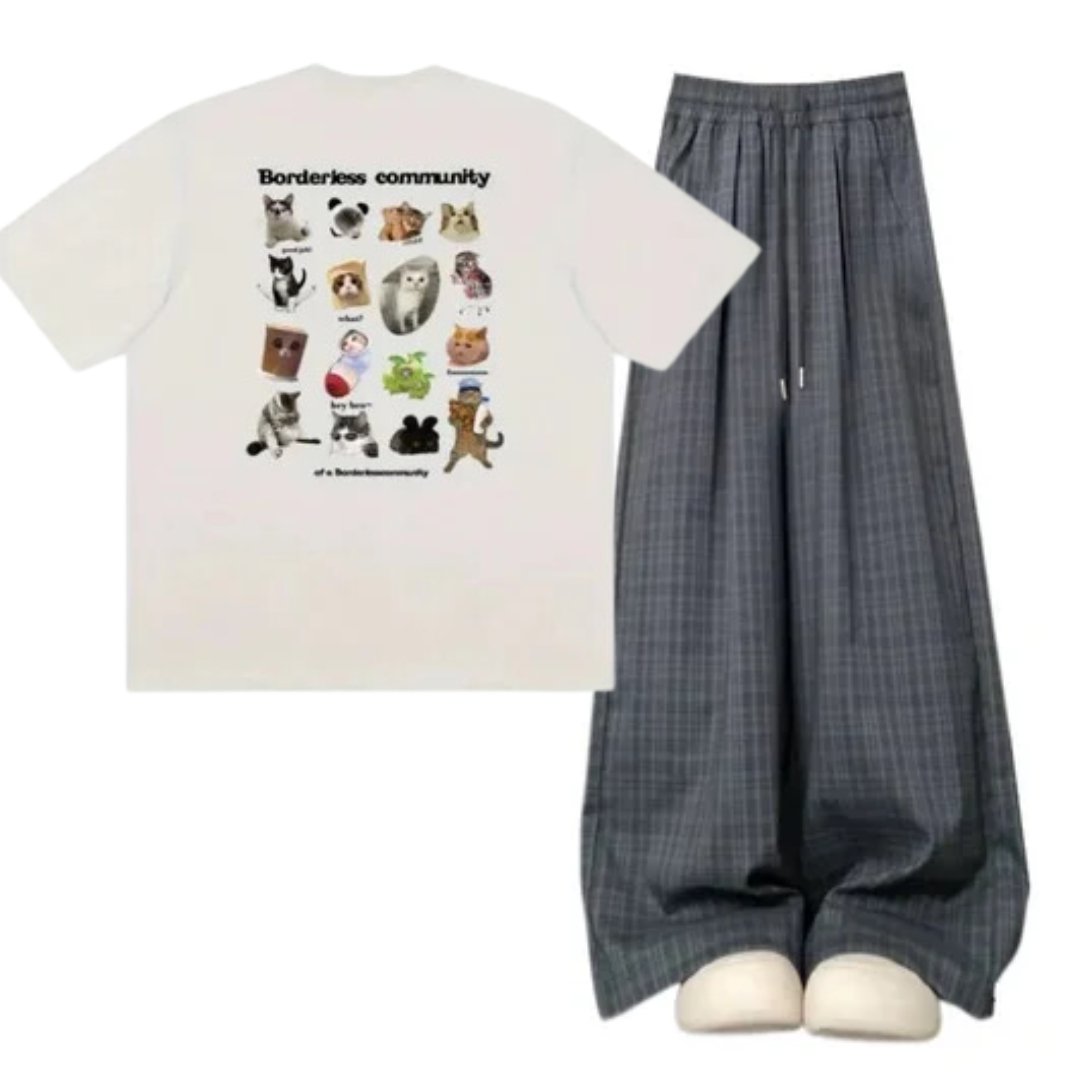 Outfit:Oversized Plaid Slouchy Pants+Playful Pet Print T-Shirt - Outfit