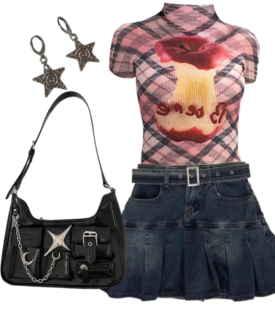 Outfit:Plaid Applecore Mesh Crop Top+Vintage Pleated Denim Mini Skirt+Y2k Black Chain Handbag+Earrings - Outfit