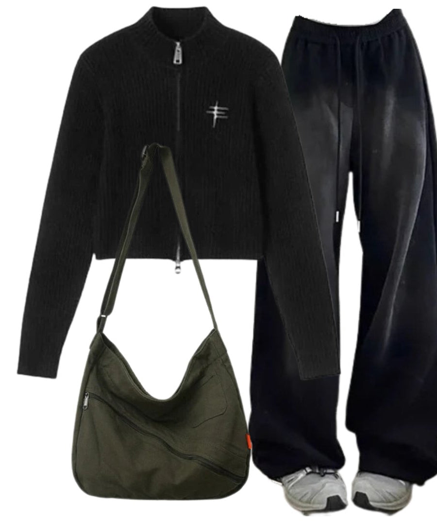 Outfit:Ribbed Zip - Up Turtleneck Sweater+Baggy Y2K Grunge Sweatpants+Cotton Large Capacity Shoulder Bag - Outfit