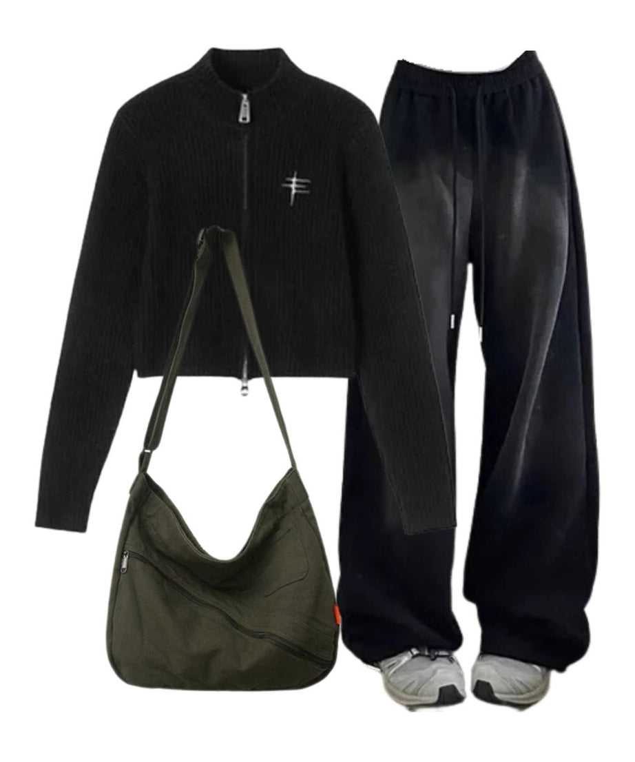 Outfit:Ribbed Zip - Up Turtleneck Sweater+Baggy Y2K Grunge Sweatpants+Cotton Large Capacity Shoulder Bag - Outfit