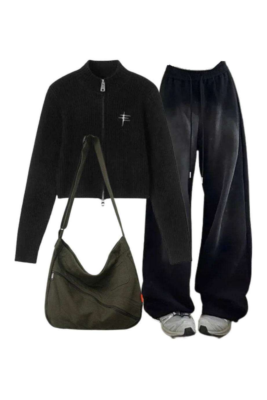 Outfit:Ribbed Zip - Up Turtleneck Sweater+Baggy Y2K Grunge Sweatpants+Cotton Large Capacity Shoulder Bag - Outfit