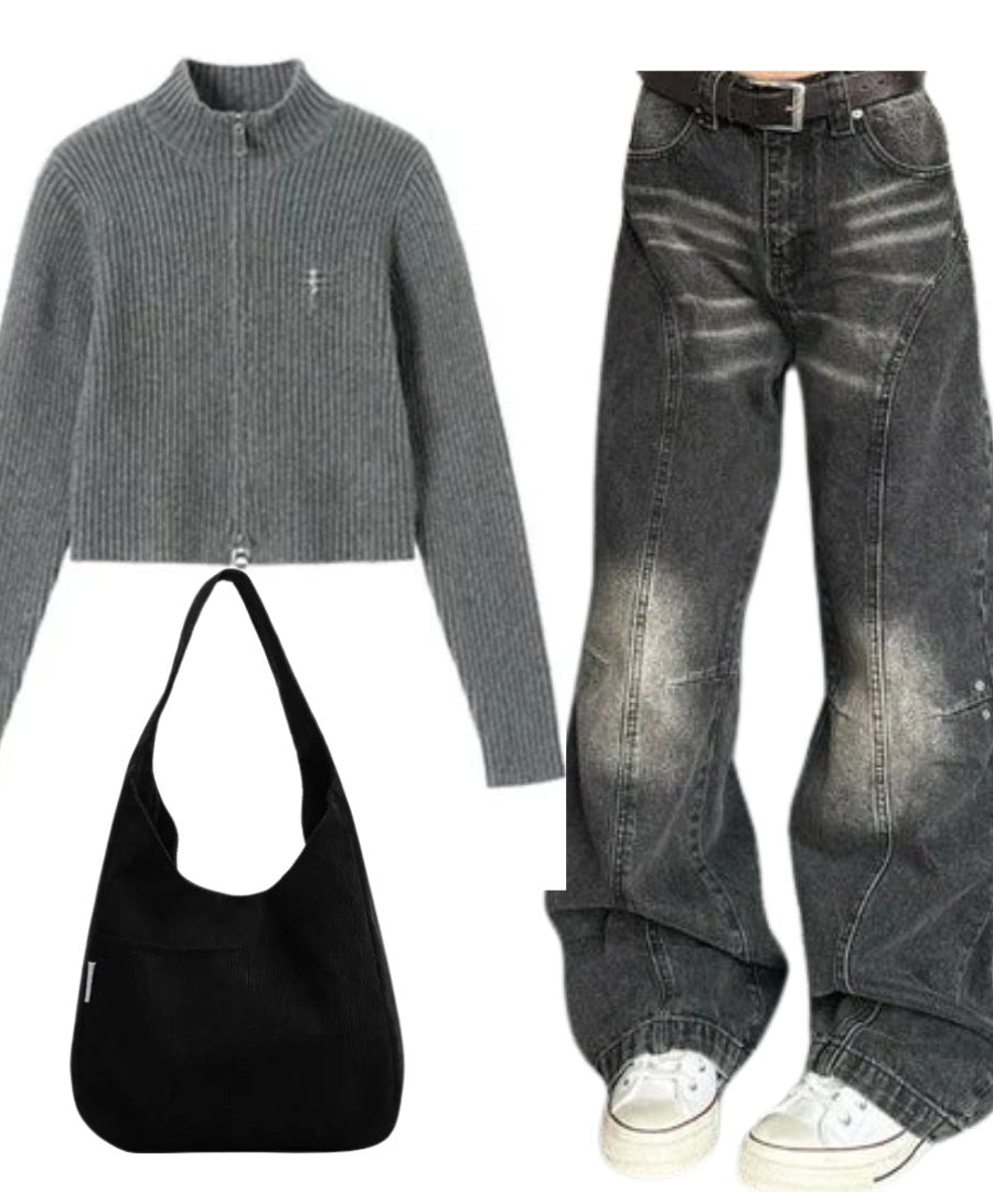 Outfit:Ribbed Zip - Up Turtleneck Sweater+Washed Black Wide - Leg Jeans+Canvas Corduroy Large Handbag - Outfit