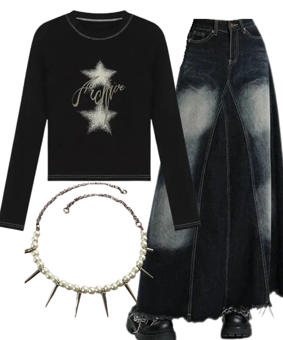 Outfit:Stellar Sparkle Top+Faded Black Maxi Denim Skirt+Pearl Spike Necklace - Outfit