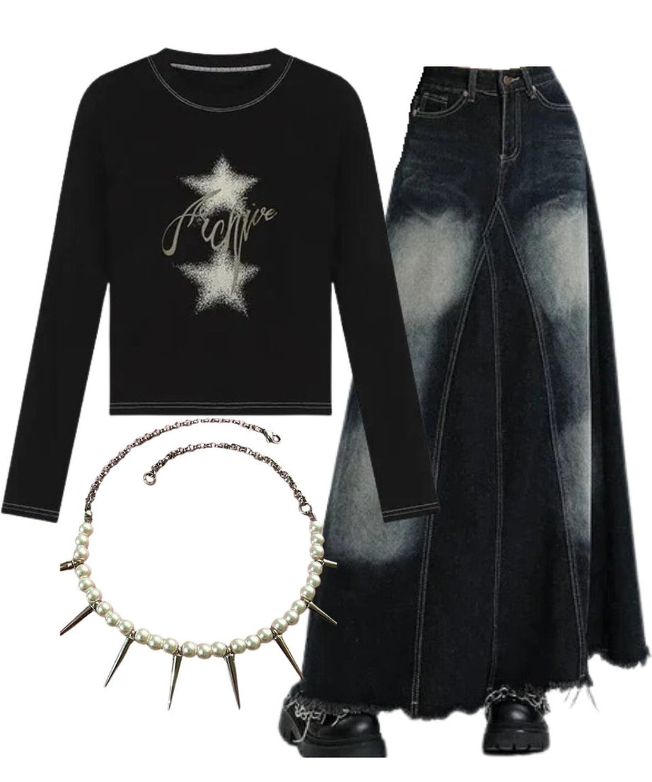 Outfit:Stellar Sparkle Top+Faded Black Maxi Denim Skirt+Pearl Spike Necklace - Outfit