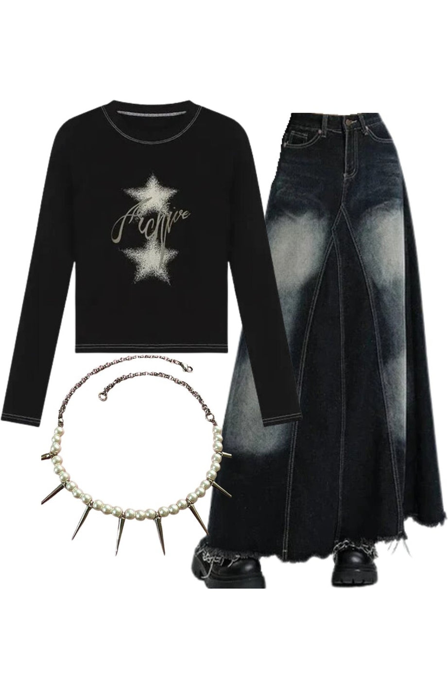 Outfit:Stellar Sparkle Top+Faded Black Maxi Denim Skirt+Pearl Spike Necklace - Outfit