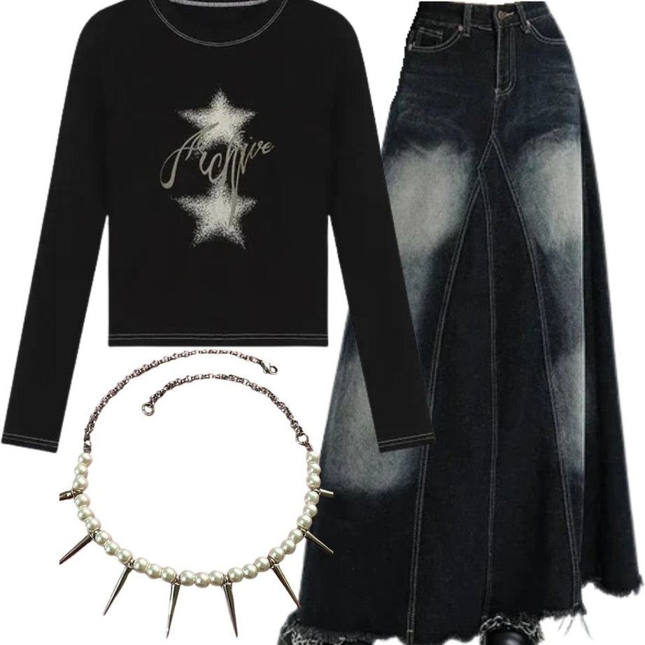 Y2k Outfit: Stellar Sparkle Top+Faded Black Maxi Denim Skirt+Pearl Spike Necklace Default Title Shoptery