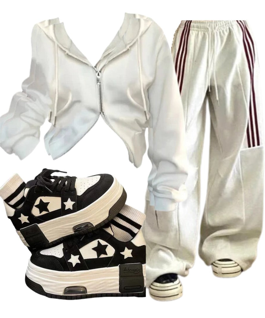 Outfit:Striped Cargo Spring Pants+Korean Y2K White Zip Hoodie+Acubi Star Skateboard Y2k Shoes - Outfit