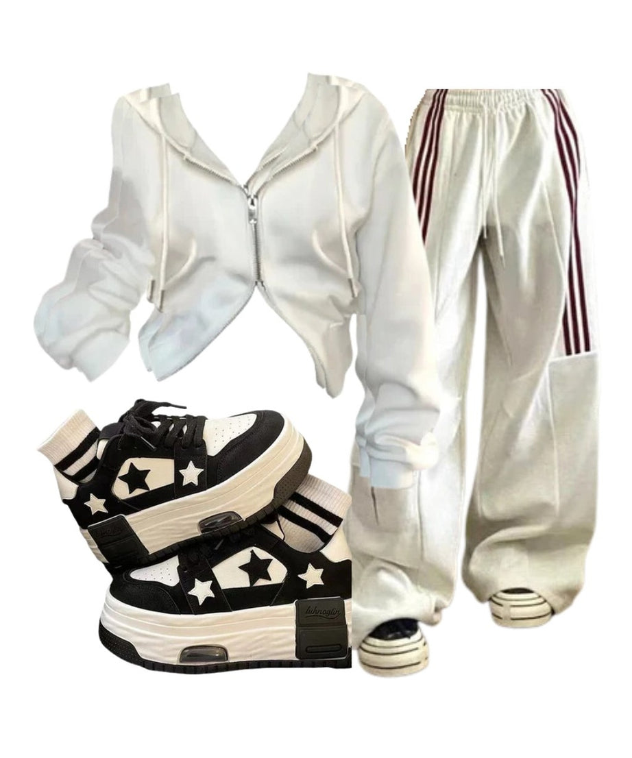 Outfit:Striped Cargo Spring Pants+Korean Y2K White Zip Hoodie+Acubi Star Skateboard Y2k Shoes - Outfit