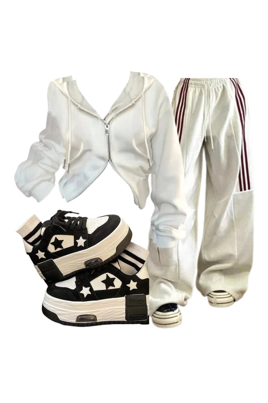 Outfit:Striped Cargo Spring Pants+Korean Y2K White Zip Hoodie+Acubi Star Skateboard Y2k Shoes - Outfit