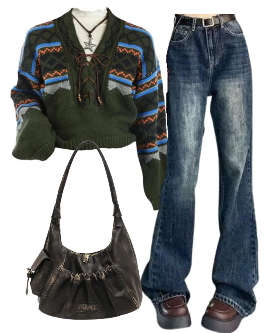 OUTFIT:Vintage Wash Flare Jeans+Forest Fair Isle Lace - Up Sweater+Rustic Ruched Shoulder Bag - Outfit