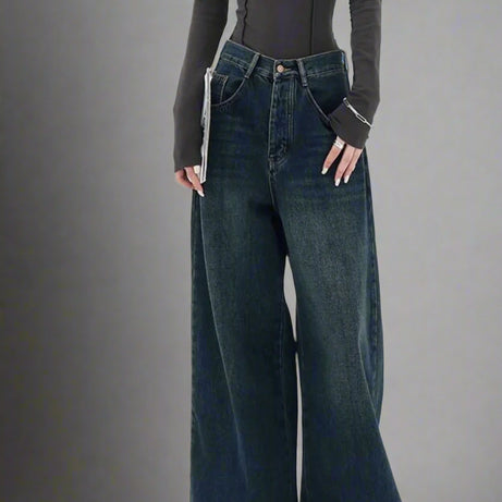 Y2k Fall Oversized Dark Wash Wide-Leg Jeans Deep Blue Shoptery
