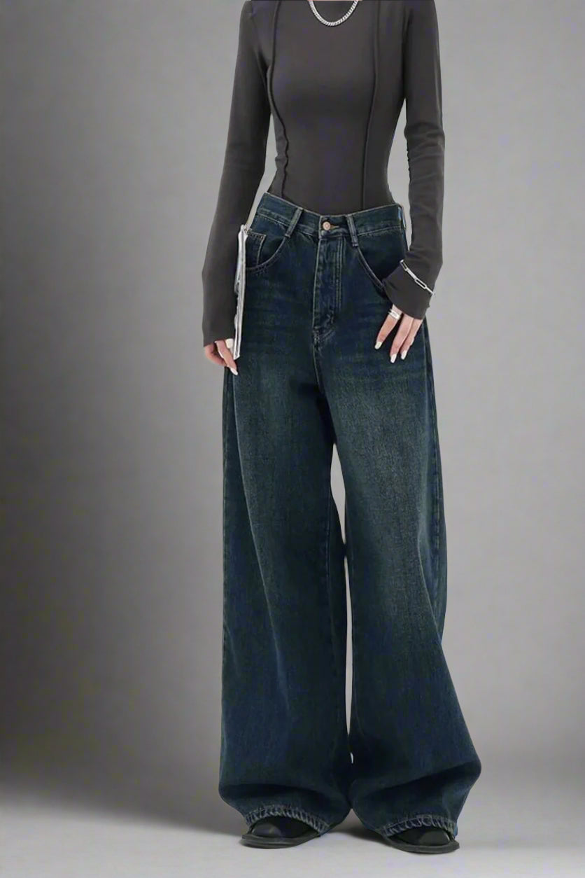 Y2k Fall Oversized Dark Wash Wide-Leg Jeans Deep Blue Shoptery