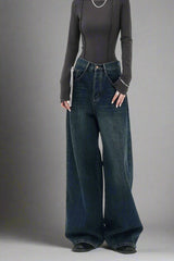 Y2k Fall Oversized Dark Wash Wide-Leg Jeans Deep Blue Shoptery
