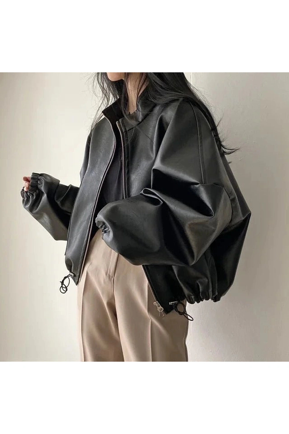 Aesthetic Fall Oversized Faux Leather Bomber Jacket Black leather coat Shoptery