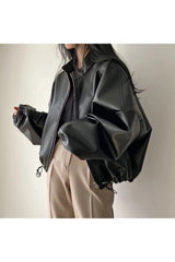 Aesthetic Fall Oversized Faux Leather Bomber Jacket Black leather coat Shoptery