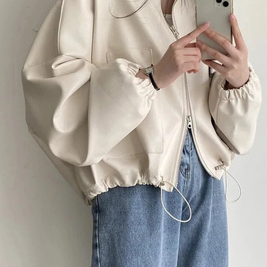 Aesthetic Fall Oversized Faux Leather Bomber Jacket Shoptery