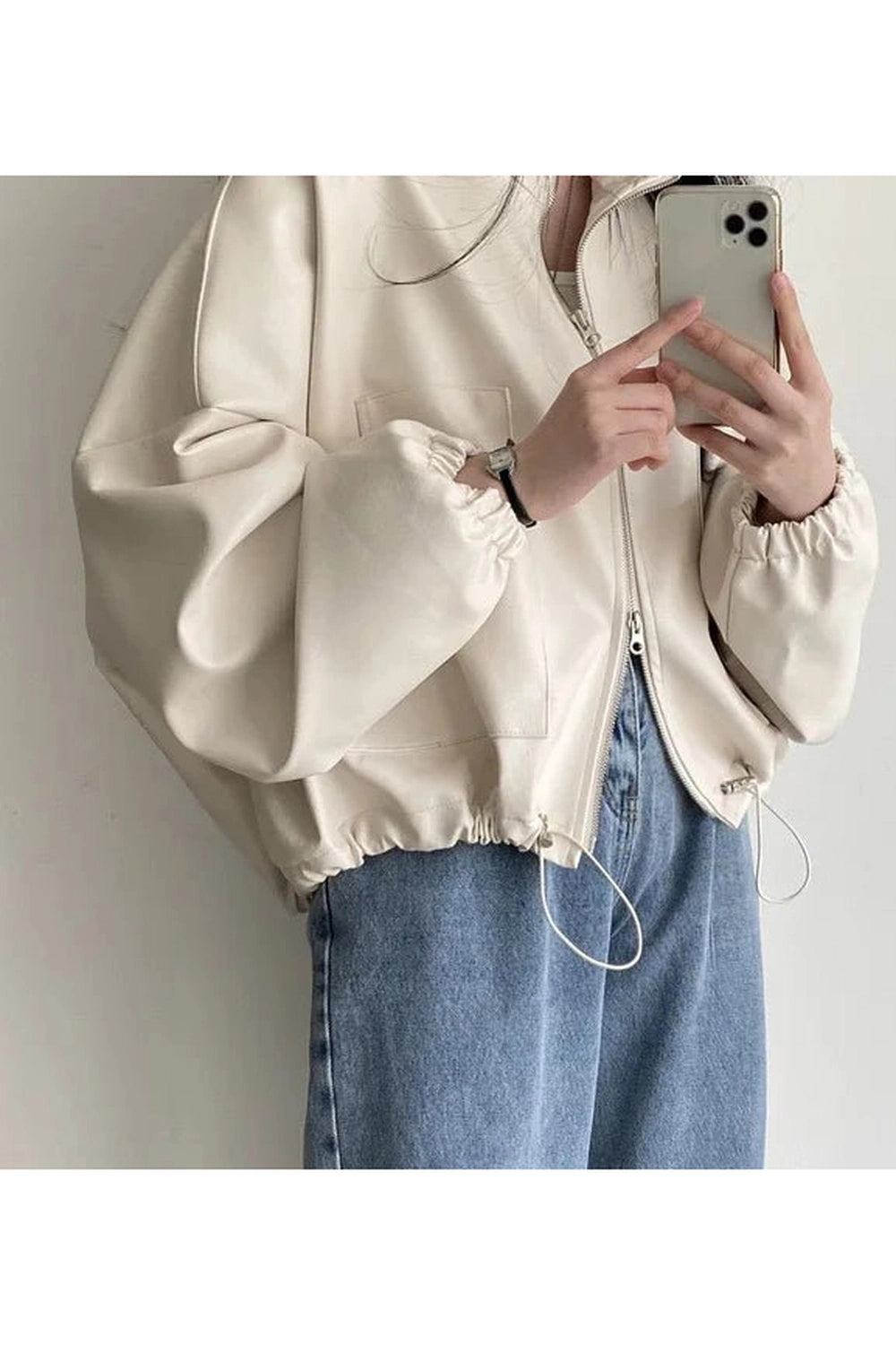Aesthetic Fall Oversized Faux Leather Bomber Jacket Shoptery