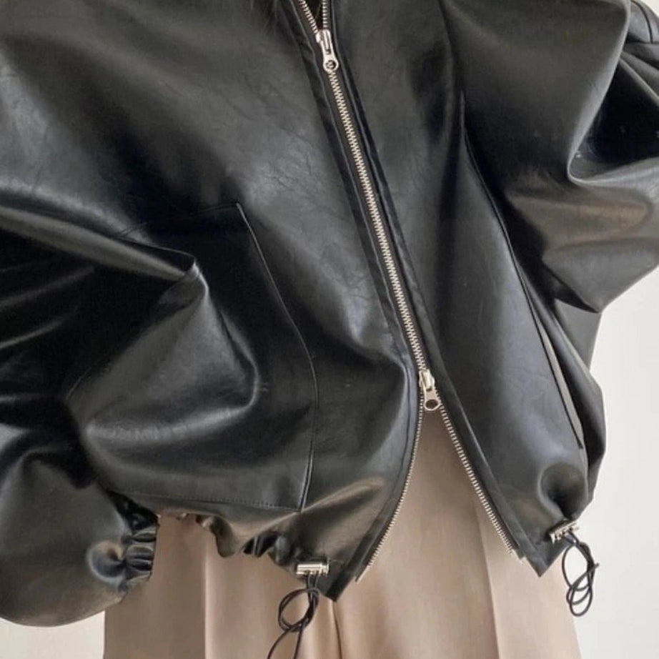 Aesthetic Fall Oversized Faux Leather Bomber Jacket Shoptery