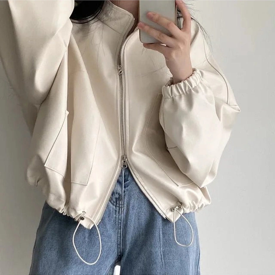 Aesthetic Fall Oversized Faux Leather Bomber Jacket Shoptery