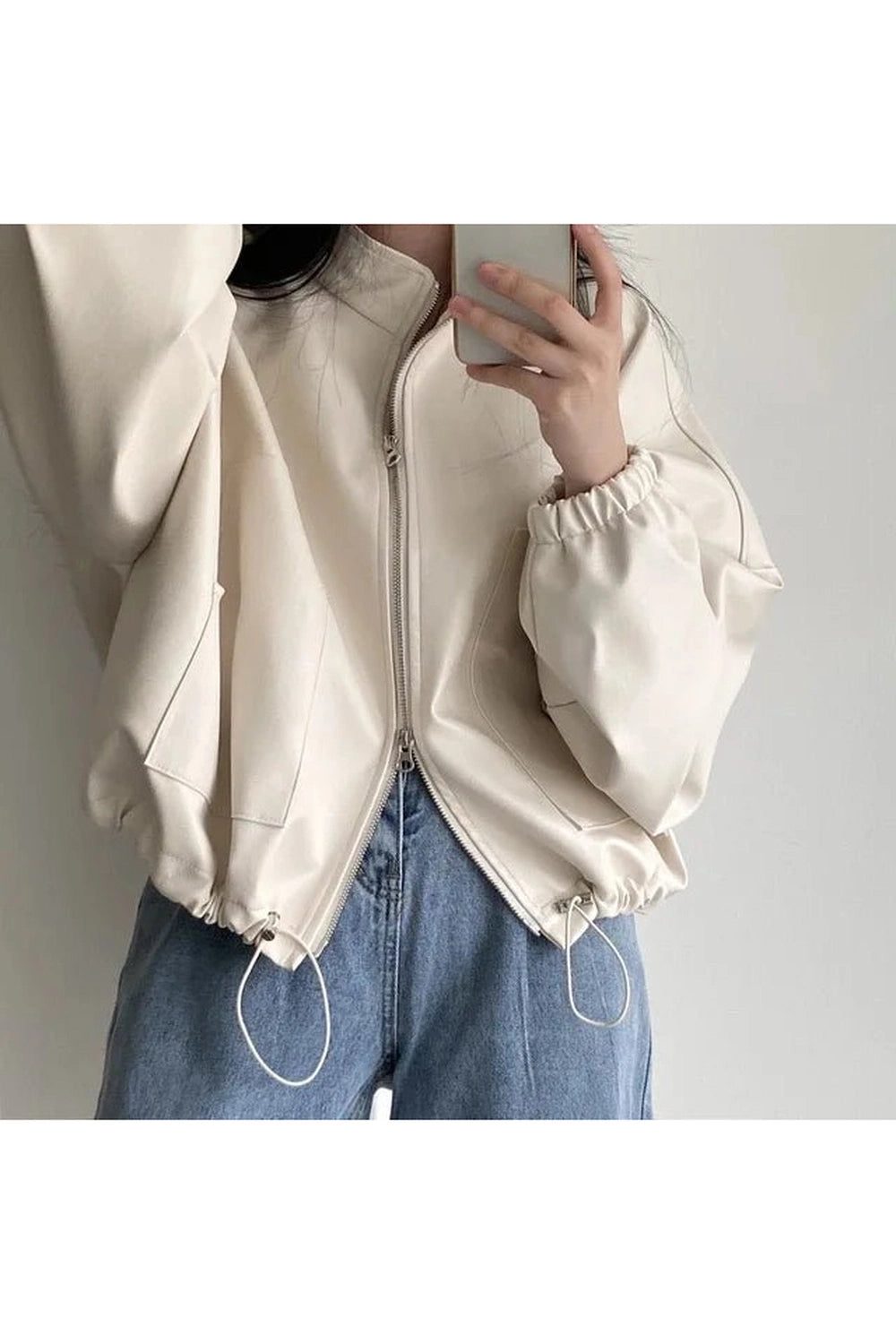 Aesthetic Fall Oversized Faux Leather Bomber Jacket Shoptery