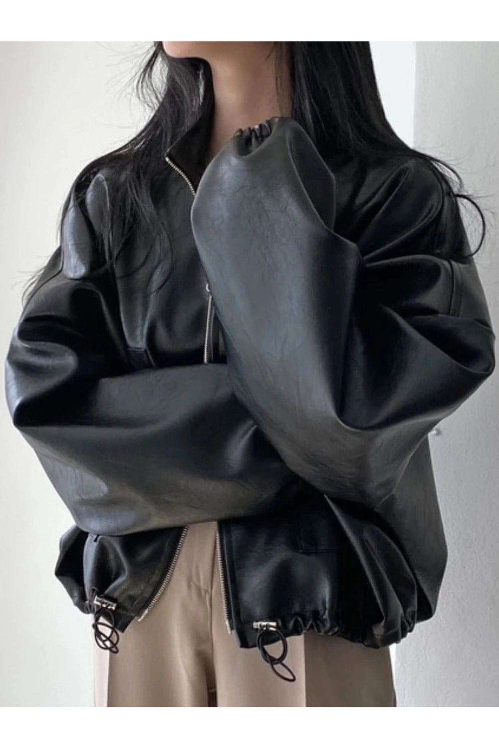 Aesthetic Fall Oversized Faux Leather Bomber Jacket Shoptery