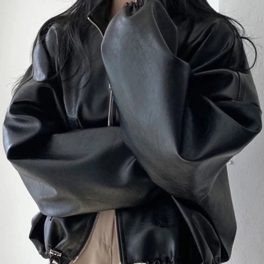 Aesthetic Fall Oversized Faux Leather Bomber Jacket Shoptery